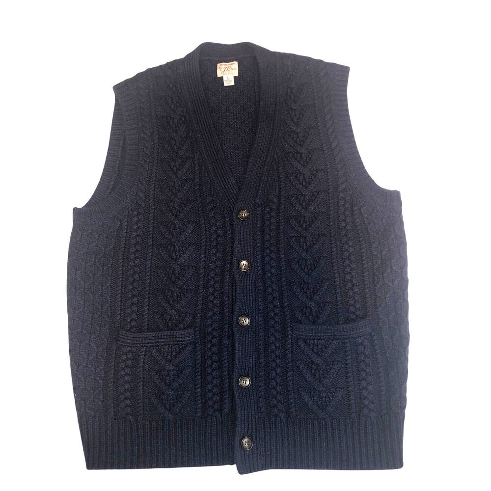 Jcrew Sweater Vest Mens Size L Blue Cable Knit Merino Wool Fisherman Preppy